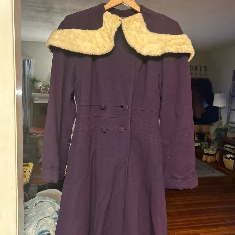 Women's Purple Coat with Cream Fur Collar